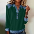 thumbnail image 2 of YanHoo Women Long Sleeve Denim Patchwork Shirts Lapel Collar Casual Button Up Western Pullover Tops Loose Fitted Color Block Sweatshirt Green,L, 2 of 7