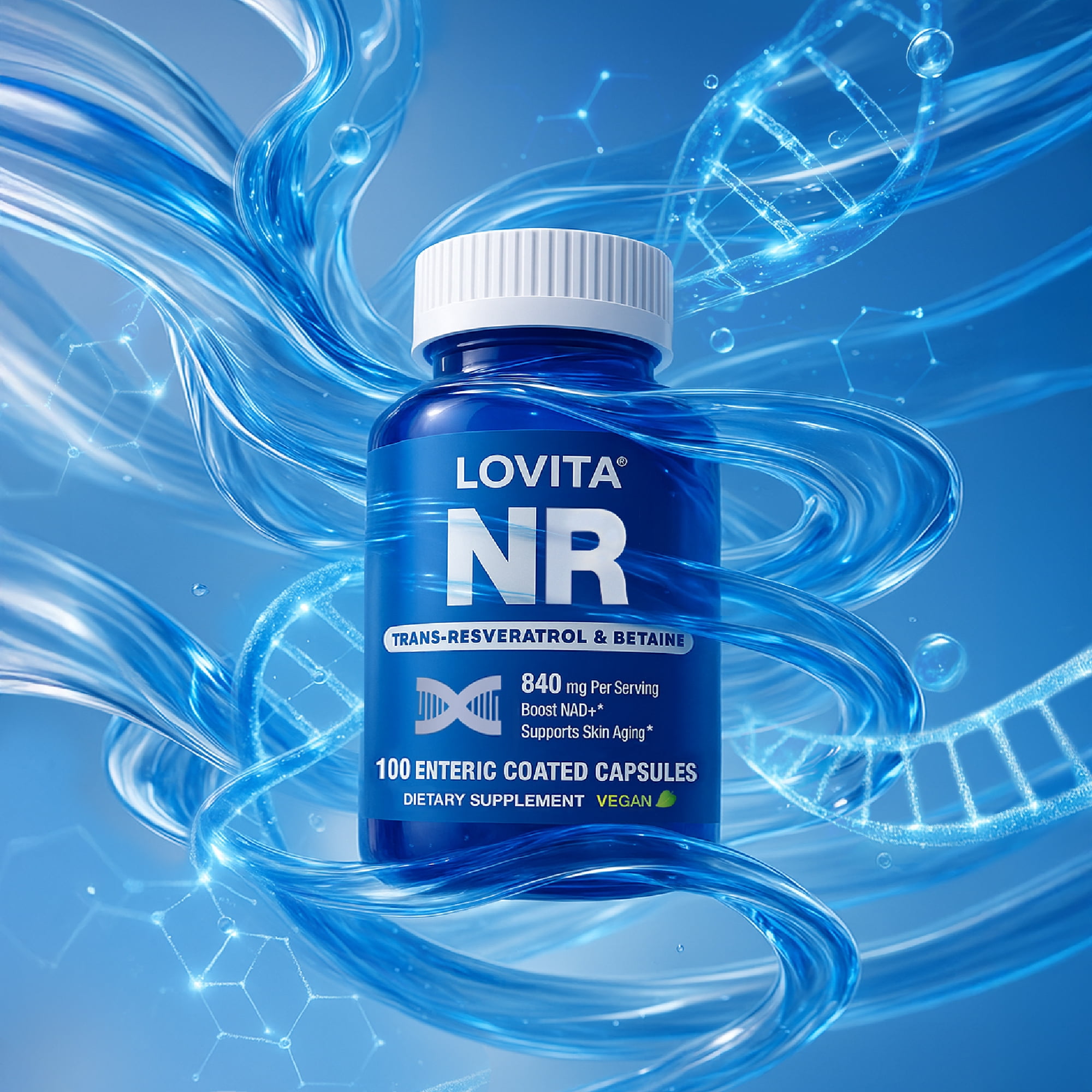 LOVITA NR (Nicotinamide Riboside) NAD Supplement with Trans-Resveratrol and Betaine, 840mg 100 Vegan Enteric-Coated Capsules