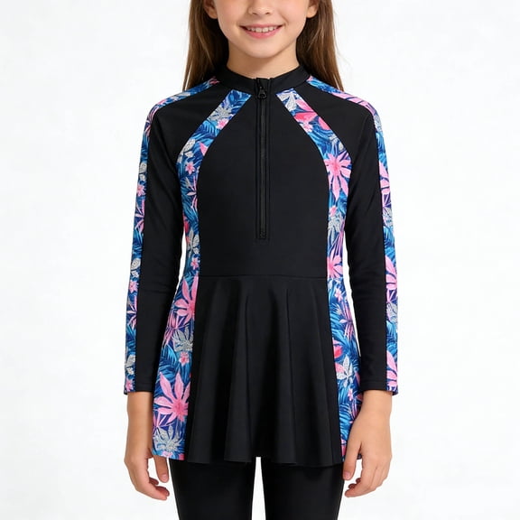 Girls Swimsuits Size 9-10Y Long Sleeve Rash Guard Swim Pants UPF 50 Sun Floral Print Zipper Front Kids 2 Piece Outfits