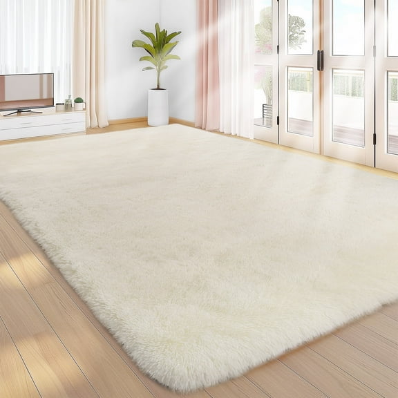 Solid Color Fluffy Rugs, Non-slip Soft Shaggy Floor Carpet Mats & Rugs for Room Decor, Washable Non-slip Modern Area Rug, Modern-style Decorative Carpets for Home Livingroom Bedroom, Cream