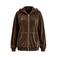 thumbnail image 5 of MDUKONU Womens Velvet Zip Up Hoodie Long Sleeve Oversized Hooded Sweatshirt Fleece Fall Velour Y2K Jackets With Pockets Size: L Coffee, 5 of 5