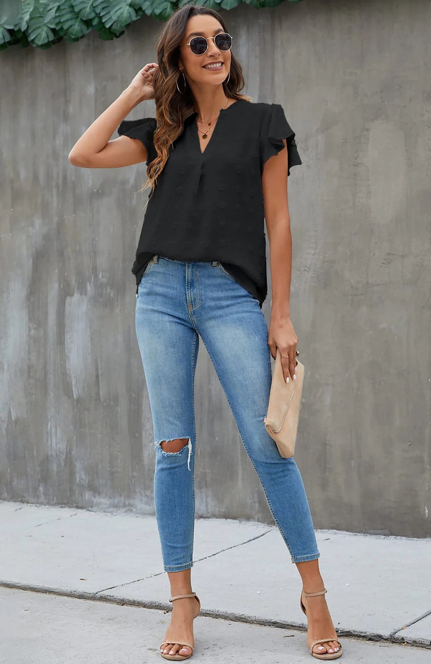 Fantaslook Blouses for Women Dressy V Neck Ruffle Sleeve Summer Tops Casual Flowy Shirts