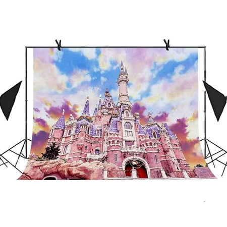 Image of GreenDecor 7x5ft Hand Painting Castle Backdrop Red-purple Castle Blue Sky Color Clouds Background Newborn Child Photo Studio Props Party Background