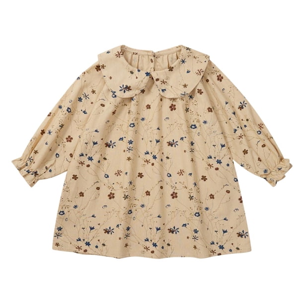Odeerbi 2-10 Años Niñas Princesas Vestidos Florales Cuello Peter Pan Vestido Algodón Cuello Redondo Plisado Vestido Manga Larga