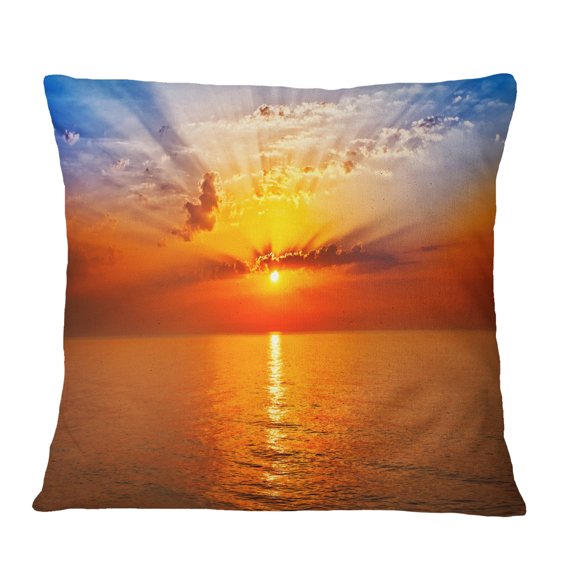Designart Orange Sea Sunrise under Blue Sky - Seashore Throw Pillow - 18x18