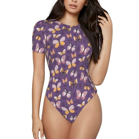 Cauagu Butterflies And Floral Women s Crew Neck Round Short Sleeve T Shirts Tops Bodysuit Daily Jumpsuit-Large