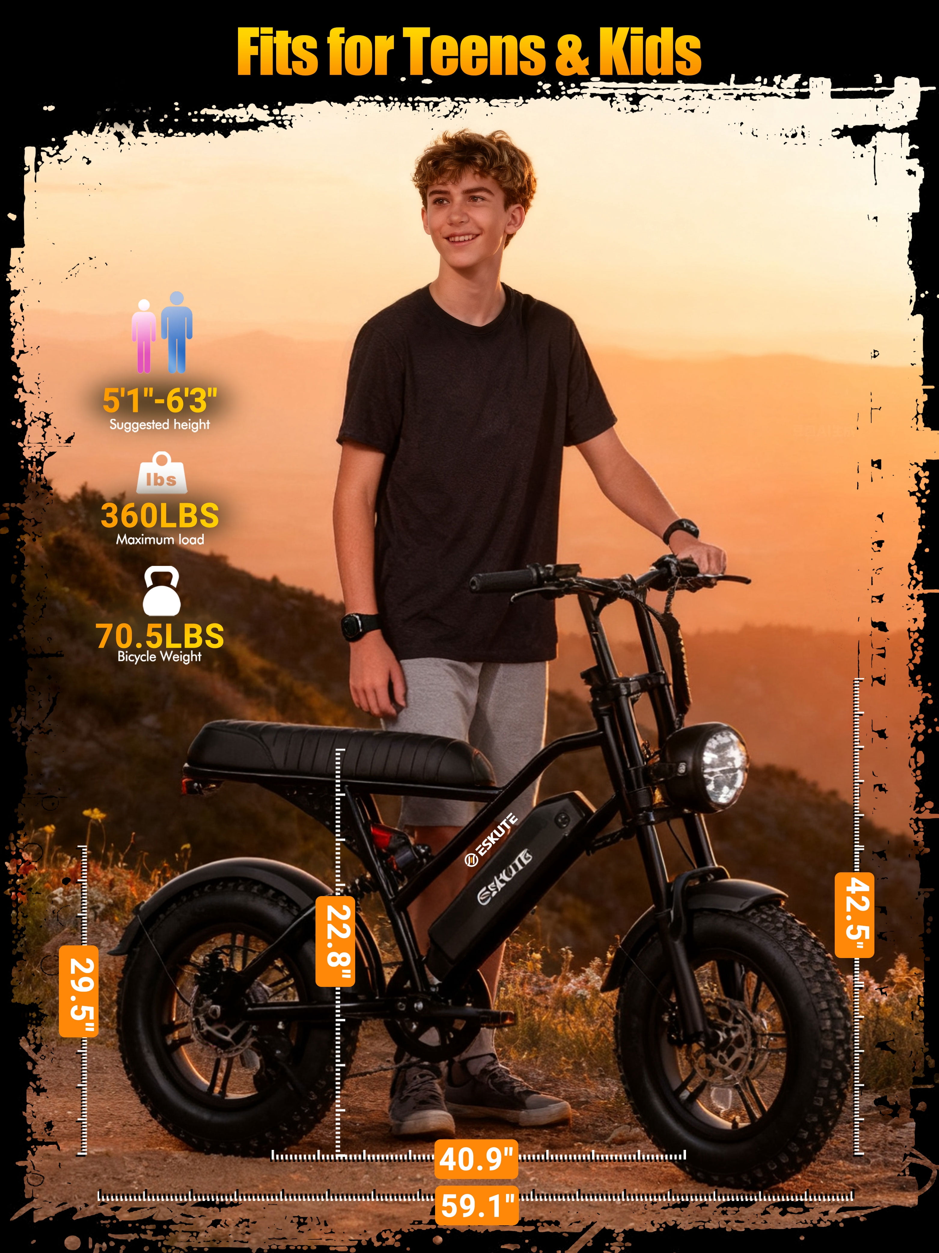 ESKUTE Electric Bike for Teens & Adults, 750W Motor (1500W Peak), 28mph Speed, 48V 13Ah Battery, 16"x4.0" Fat Tires, 7-Speed E-Bike with Dual Suspension, Blue