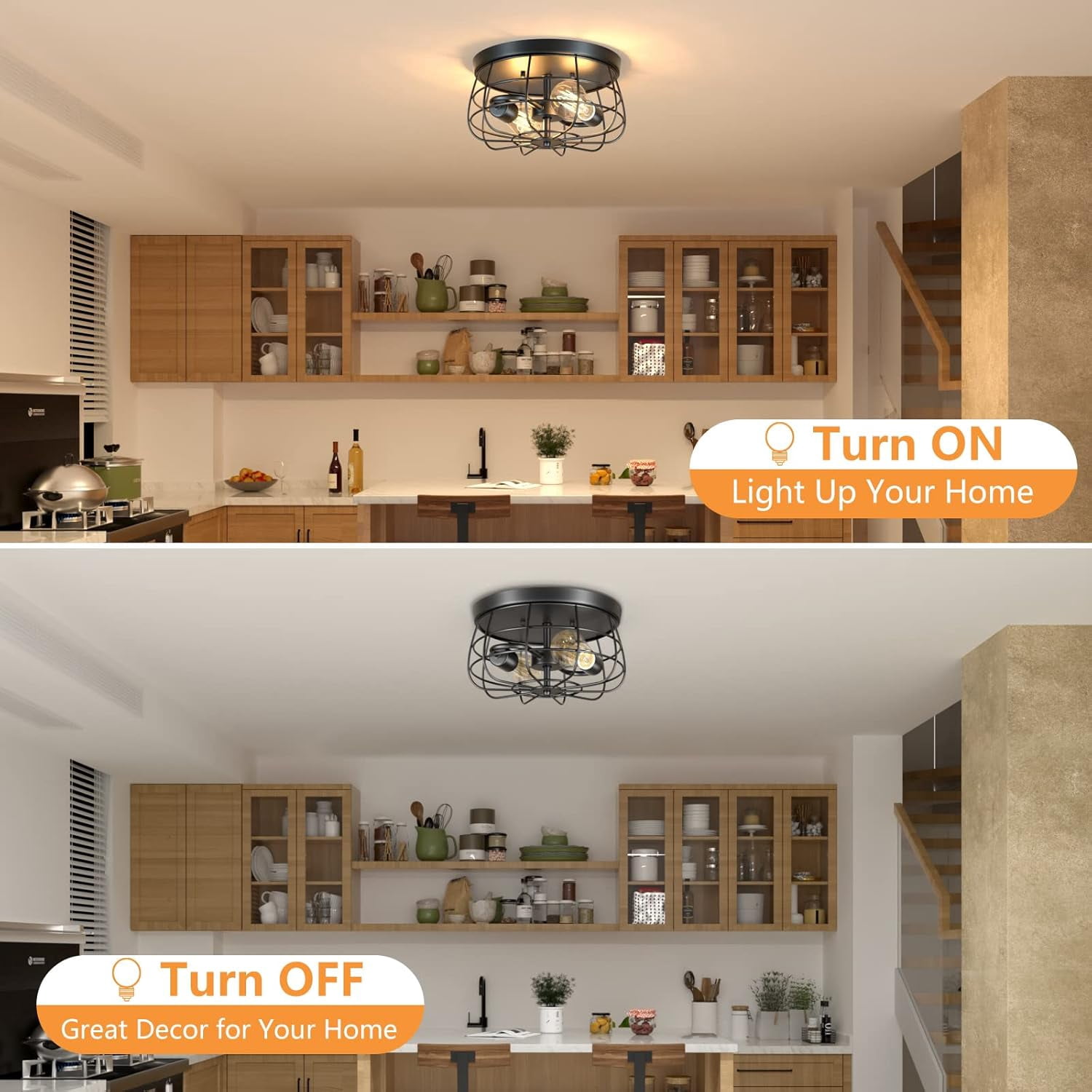 2-Light Farmhouse Ceiling Light Fixtures Industrial Black Semi Flush Mount Ceiling Light with Metal Cage for Kitchen Living Room