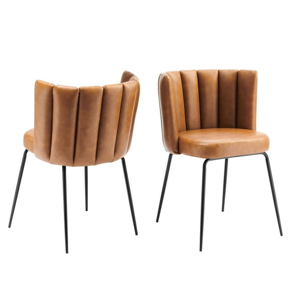 Side Dining Chair, Set of 2, Tan Black, Vegan Leather, Modern Contemporary, Mid Century Kitchen Room Cafe Bistro Restaurant Hospitality