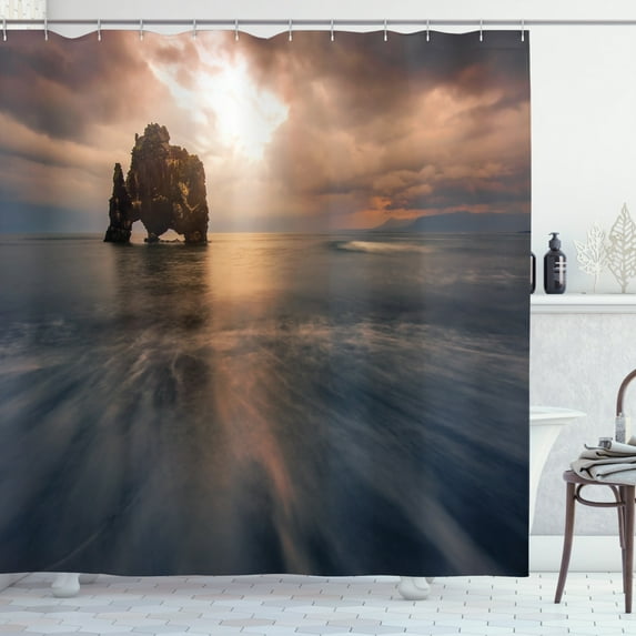 Iceland Shower Curtain, Hvitserkur Rock Formation on the Northern Coast, Fabric Bathroom Set with Hooks, 69W X 75L Inches Long, Brown Slate Blue, by Ambesonne
