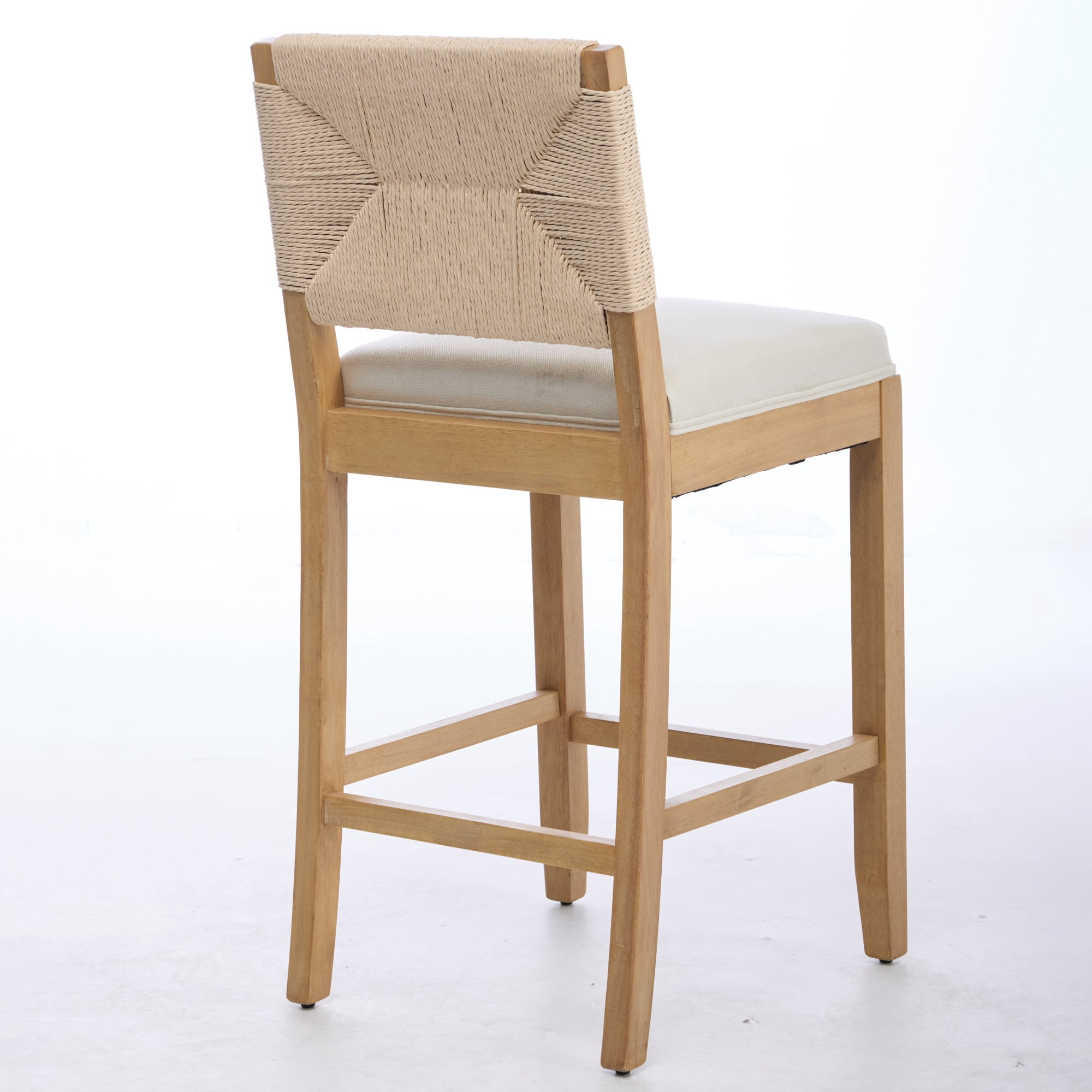 Garitin Bar Stool Set of 2 and Hand Woven Rattan Counter Stools, 27 Inch Seat Height with Linen Cushion for Kitchen Island, Beige