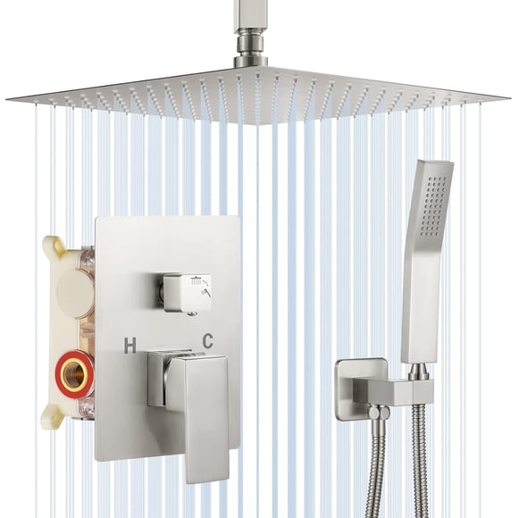 Shower System Pressure Shower Head with Rain Handheld Set Ceiling Mounted Dual Shower Head System Bathroom Shower Set Rough-in Valve Body and Trim (Brushed Nickel)