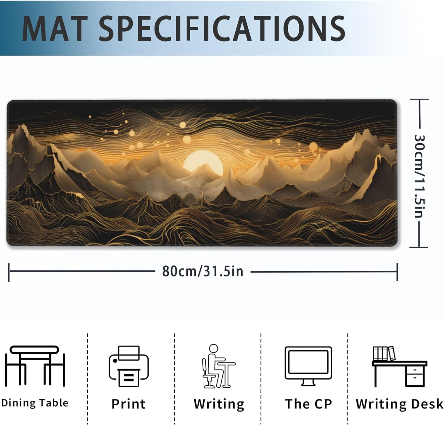 Gaming Mouse Pad,Black and Gold Mountains Landscape Extended Mouse Pad Gaming Large, 31.5"x11.8" Line Art Desk Mat with Non-Slip Base and Stitched Edge,Computer Keyboard Mouse Mat for Home Office Work