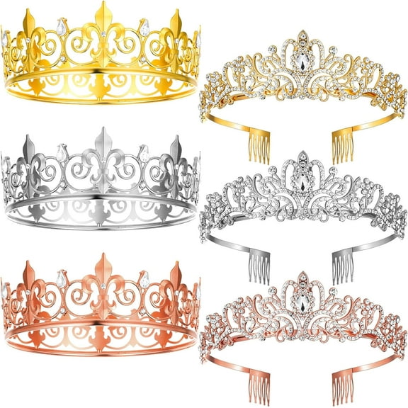 6 PCS Crown for Men, Tiaras and Crowns for Women King and Queen Crown Set King Crowns for Men for Halloween Party Role Play Queen Princess and Prince Crystal Hair Accessories-3 Colors