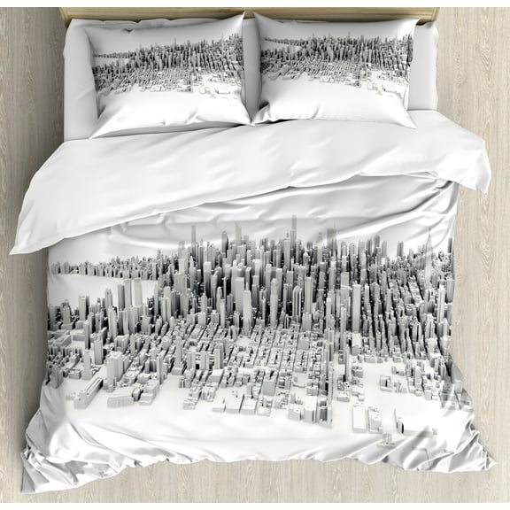 Ambesonne Architecture Duvet Cover Set, Urban Buildings View, Queen, Charcoal Grey Dust and White