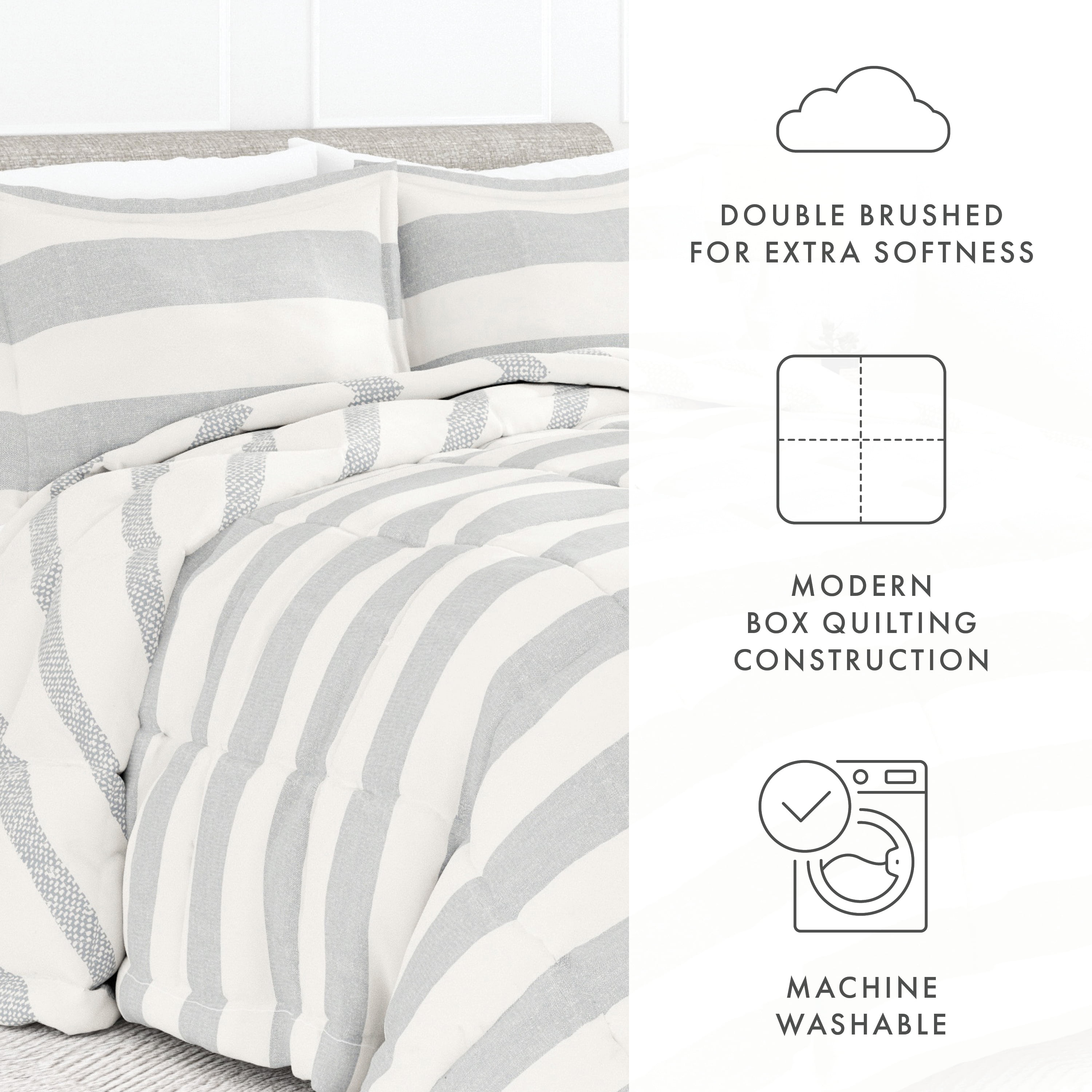 Noble Linens 3-Piece Light Gray Distressed Stripe ReversiblePrint Comforter Set, King/CalKing