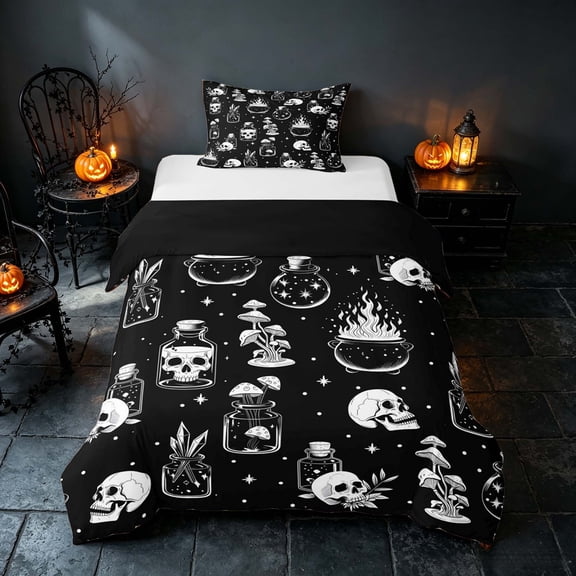 Homewish Halloween Gothic Skull Twin Duvet Cover, Magical Mushroom Twin Bedding, Black White, Black Reversible 2pcs, 1 Duvet Cover and 1 Pillowcase