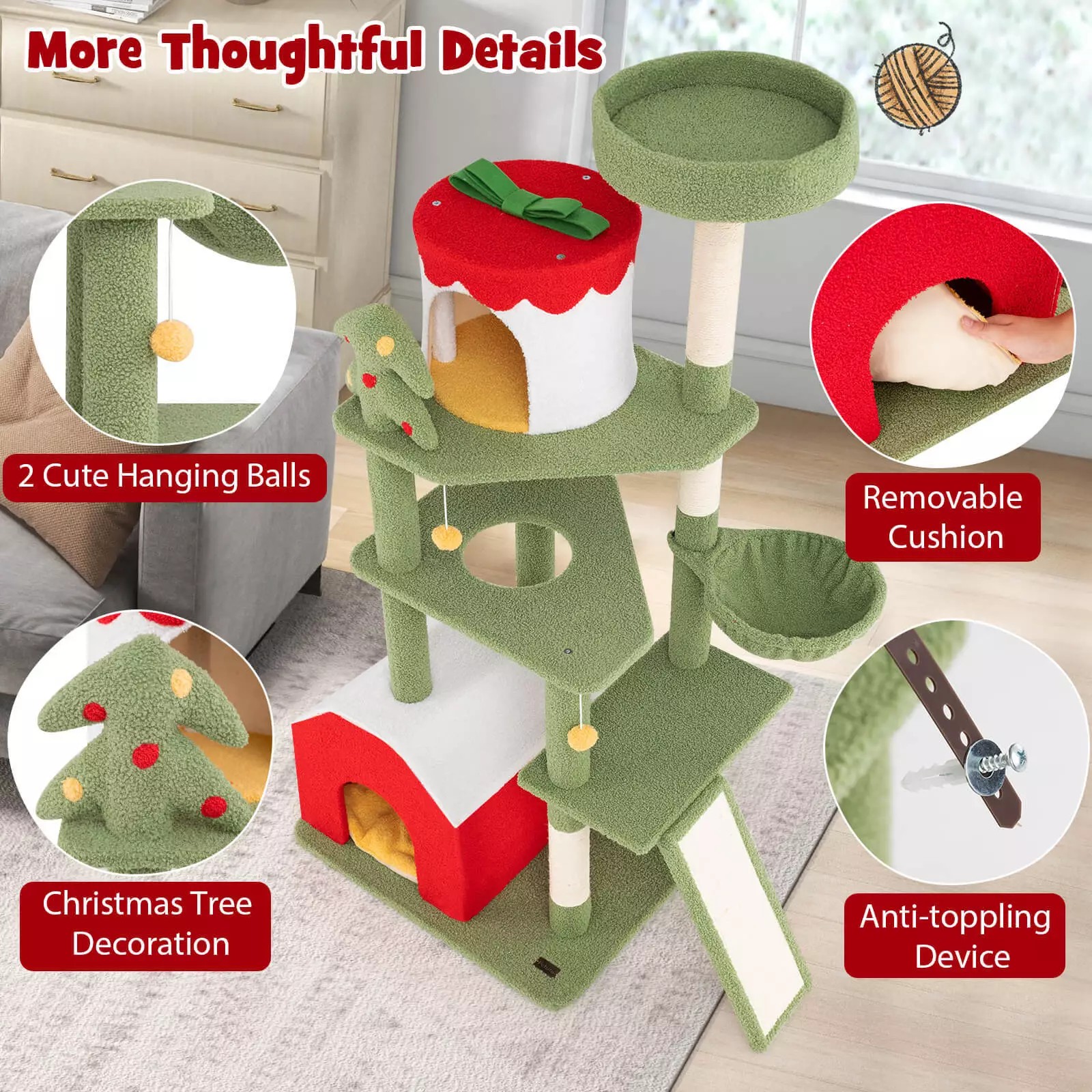 Harmijoy 61" Tall Christmas Cat Tree, Multi-level Cat Furniture w/ Sisal Scratching Posts, Plush Perch & 2 Condos, Basket Bed, Hanging Toys, Comfy Hammock, Festival Theme Cat Tower for Indoor Cat