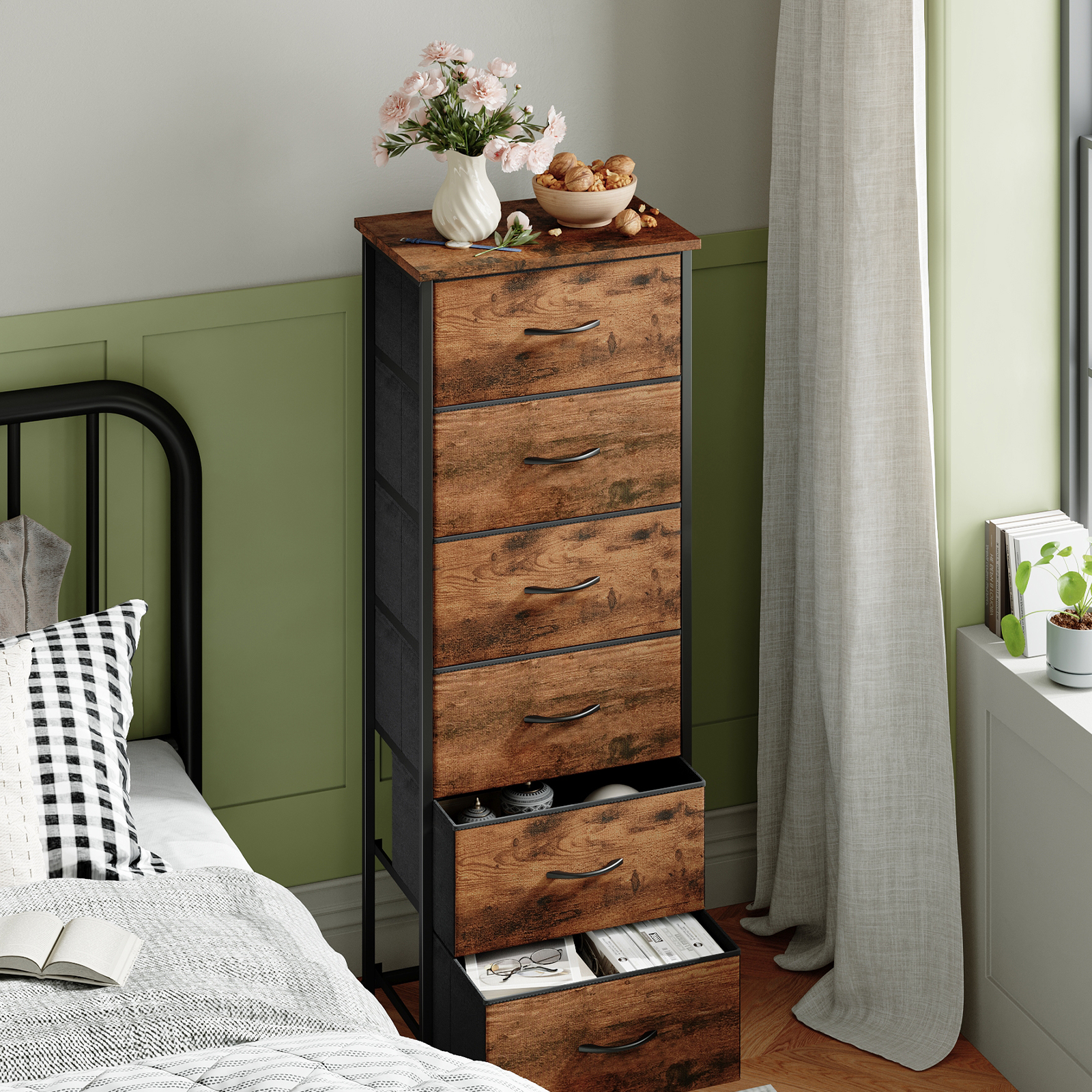 Eunos 6-Drawer Fabric Dresser, Wood Grain Print