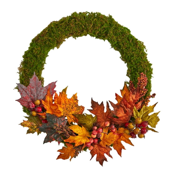 Nearly Natural 20in. Fall Maple Leaf and Berries Artificial Autumn Wreath, Orange