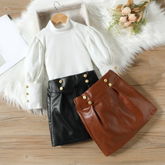 Zwiiyzr Toddler Baby Girl Skirt Outfit Turtleneck Bubble Long Sleeve Buttons Top Leather Skirt Trendy Suit Two-Piece Suit for Group 1-6 Years Old Black