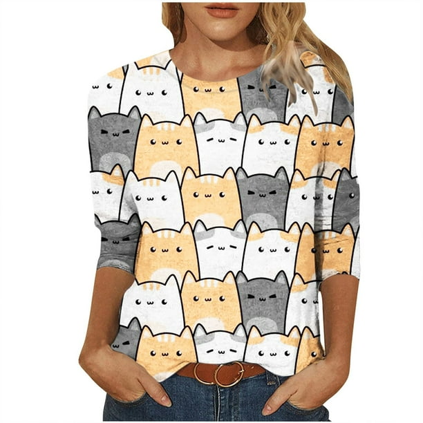 Camiseta estampada a la moda para mujer, blusa de manga 3/4 de longitud media, cuello redondo, camisetas informales Pompotops FGAJ2219