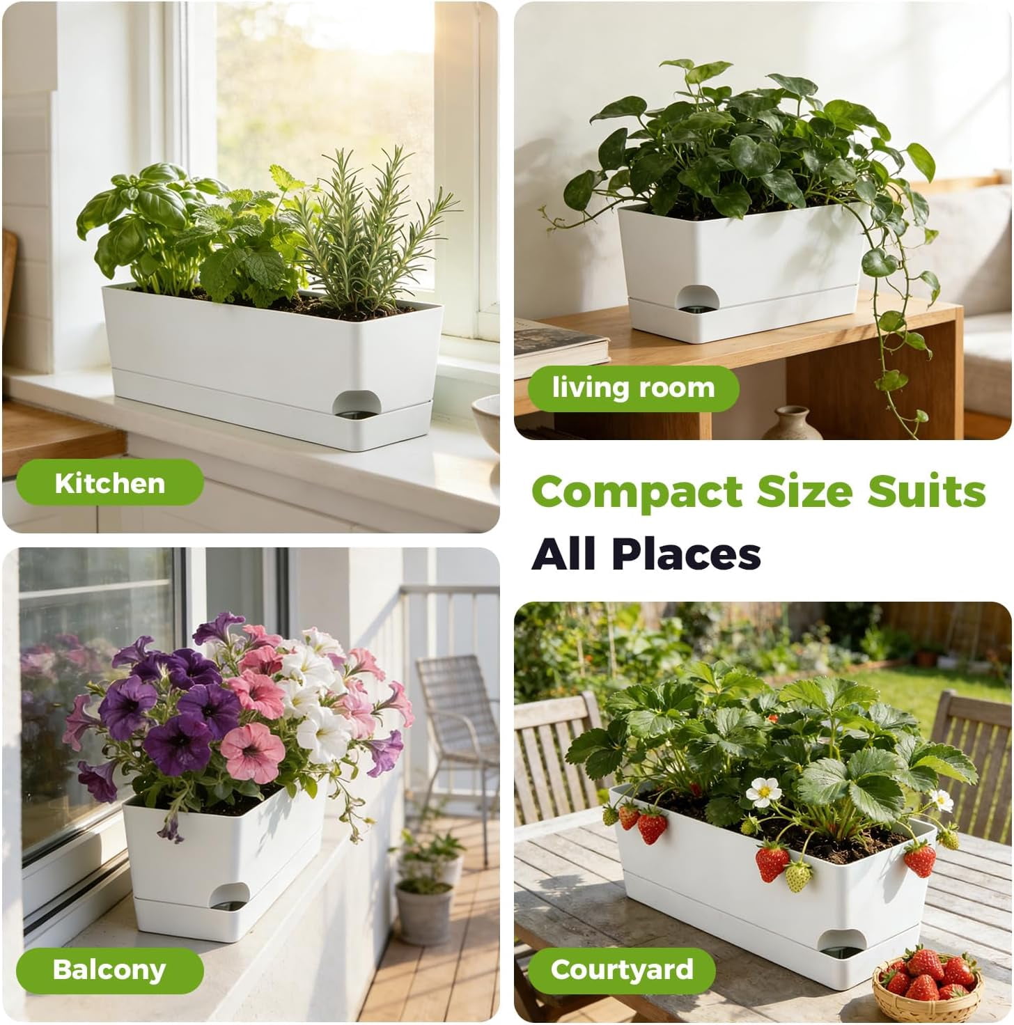 4 Pack Self Watering Pots for Indoor Plants 17 Inches Window Boxes Planters Rectangular Flower Pots Rectangle Herb Pots Large Plant Pots with Drainage Holes and Saucers Windowsill Planter, Green