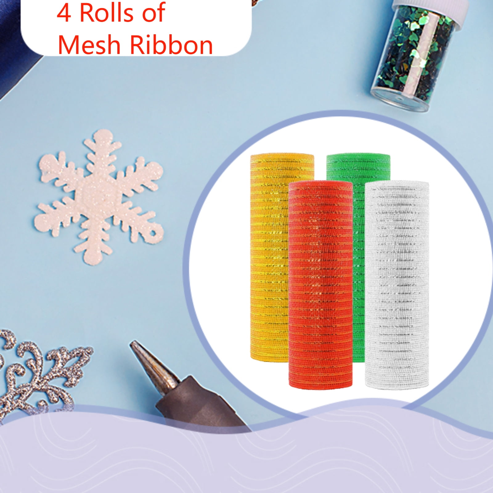 4 Rolls Decor Ribbon 10 Inches x 10 Yards 4 Colors Red, White, Green, Yellow Christmas Mesh for DIY
