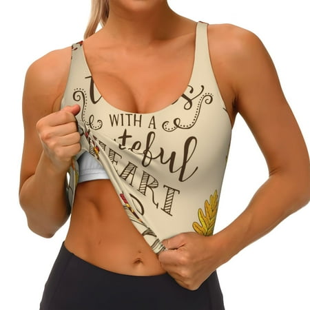 Qokaie Thanksgiving With A Grateful Heart Pattern Womens Scoop Neck Sports Bra Breathable Workout Vest Padded U Back Medium Impact Fitness Gym Yoga Bra Workout Crop Top