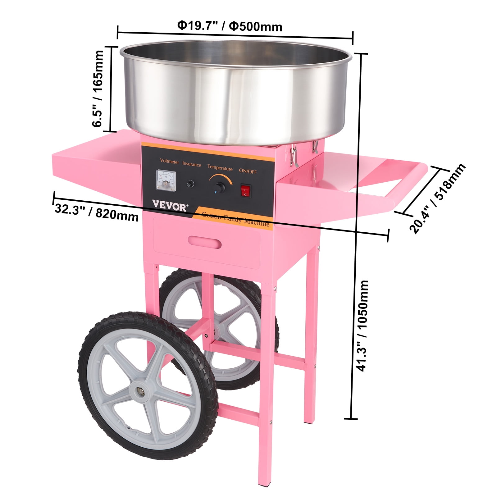 VEVOR Electric Cotton Candy Machine with Cart, 1000W Commercial Floss Maker with Stainless Steel Bowl, Sugar Scoop and Drawer, Perfect for Home, Kids Birthday, Family Party, Pink