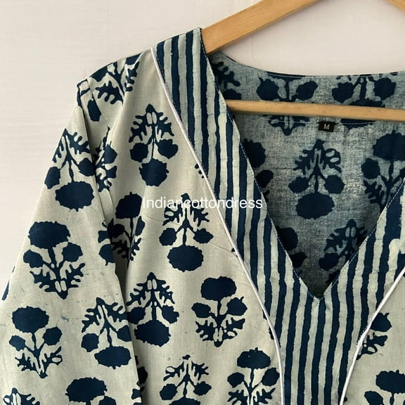Indigo Dabu Work Block Printed Cotton Dress,Floral Dress,Cotton Block Print Dress, Long Dressing Gown,Indian Cotton Dress