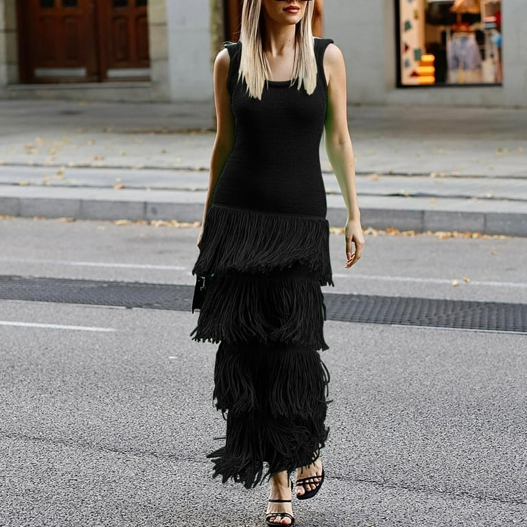 Maxi Fall Dress Fringe Dress for Women Maxi Bodycon Dress, Slim