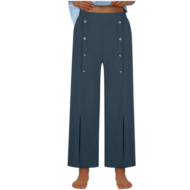 Timegard Pants for Women Elastic High Waisted Button Straight Leg Solid Color Casual Loose Comfy Pants