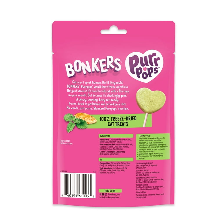 BONKERS Purrpops, Freeze Dried Dried Catnip Flavored Lollipop Cat