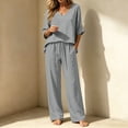 thumbnail image 7 of Zynoxe Linen Sets for Women Two Piece Summer Ruched V-neck Top Wide Leg Pants with Pockets Fashion Lounge Vacation Beach OutfitsGray2XL, 7 of 7