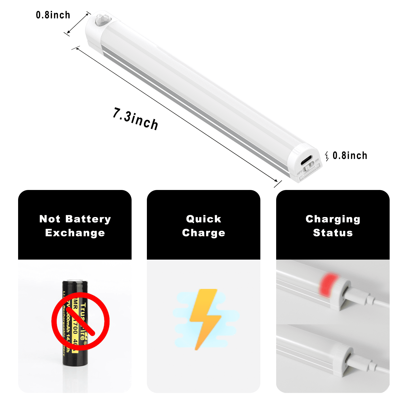 ADAZ Wireless Strip Rechargeable Motion Sensor Under Cabinet Lights for Kitchen Closet 4 Pack 7.3 In