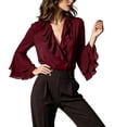 thumbnail image 4 of ClodeEU Women's V Neck Bell Long Sleeve Chiffon Top with Ruffle Hem,Casual Pullover Blouse ,Women's Plus L, 4 of 5
