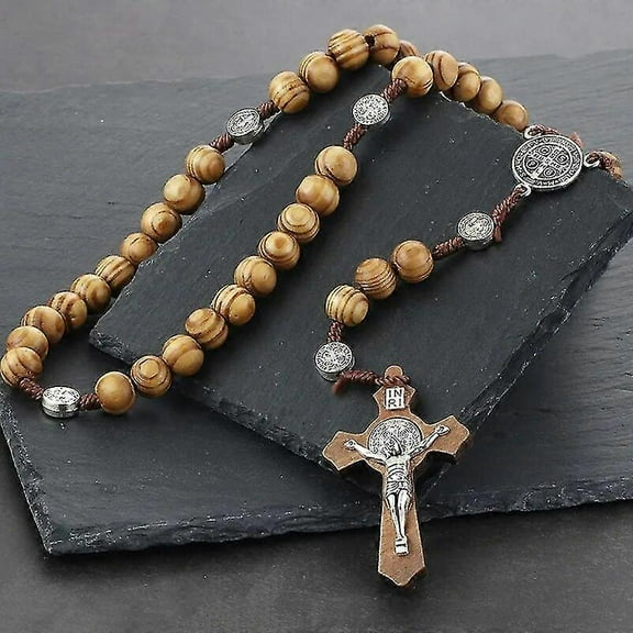 Religious Wooden Antique Cross Rosary Pendant Necklaces Jesus Saint Benedict Beaded Necklace For Men Women Jewelry Gifts Collar-Good-Yvan
