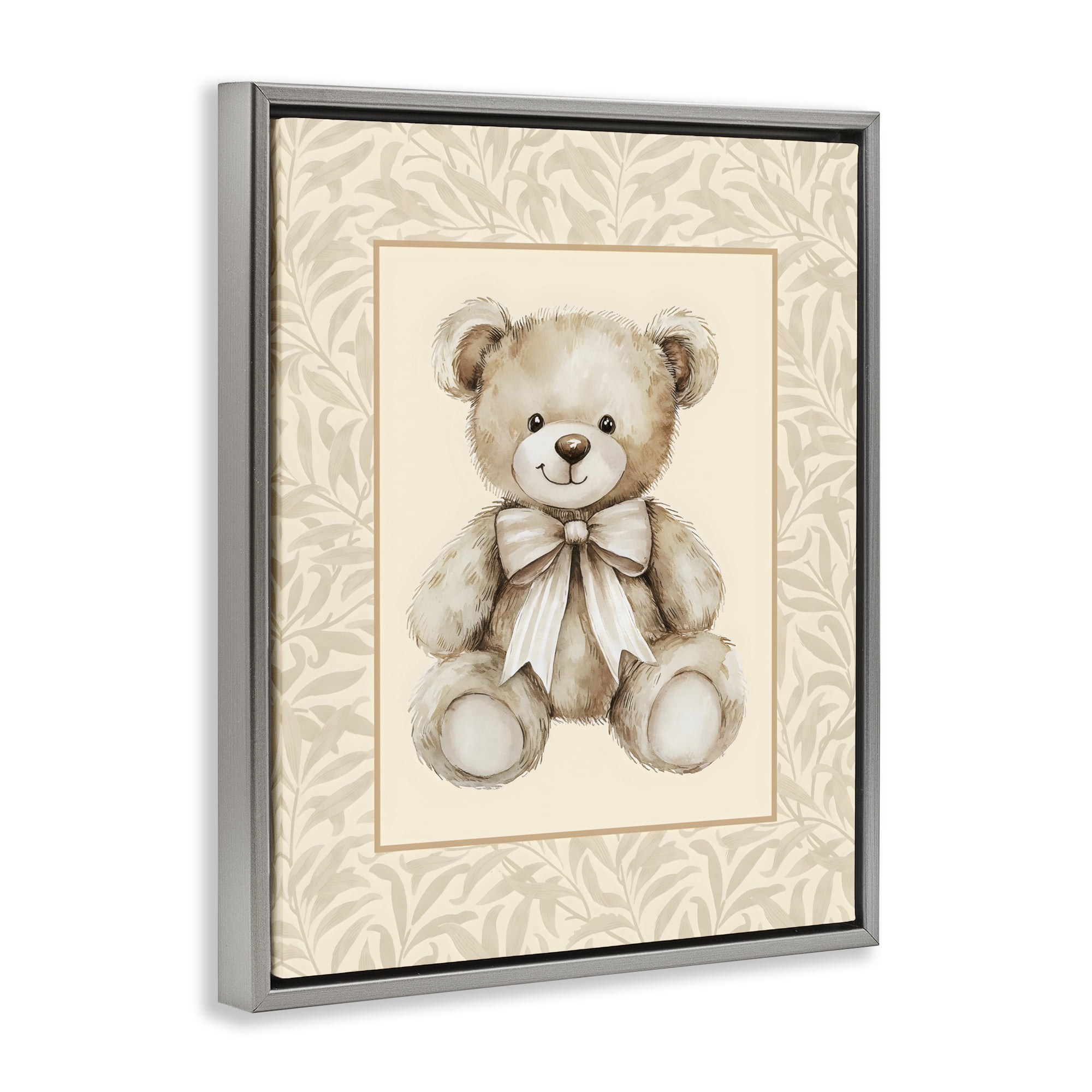 Stupell Industries Beige Teddy Bear and Border Gray Framed Floater Canvas Wall Art, design by LSR Design Studio