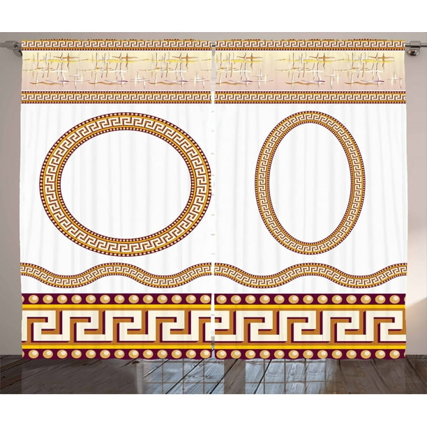 Greek Key Curtains 2 Panels Set, Ancient Fret Pattern in Oval and