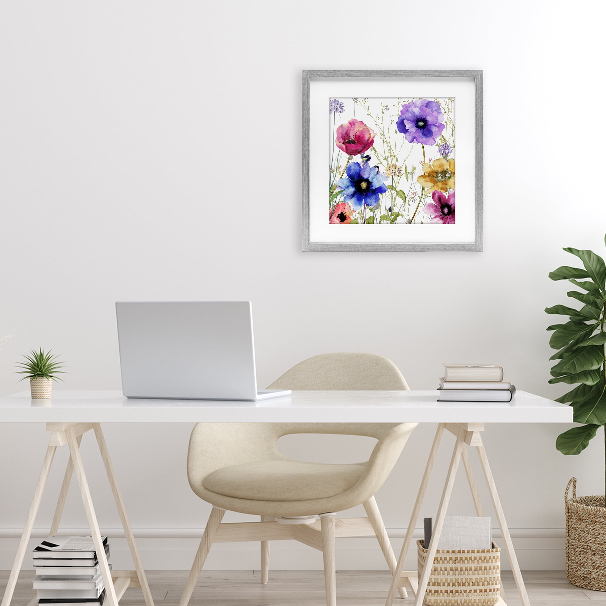 Modern Spring Garden Flowers Gray Framed Print Under Glass, design by Sasha