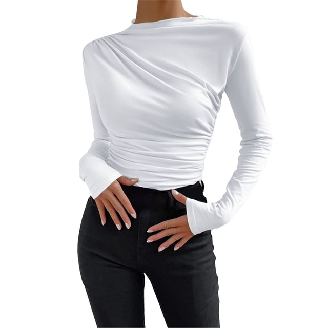 Yubnlvae Chemise de Base Ajustée Unie pour Femmes avec Manches Longues Plissées, L