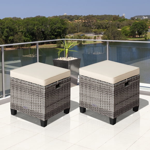 Costway 2PCS Patio Rattan Cushioned Ottoman Seat Foot Rest Table Beige