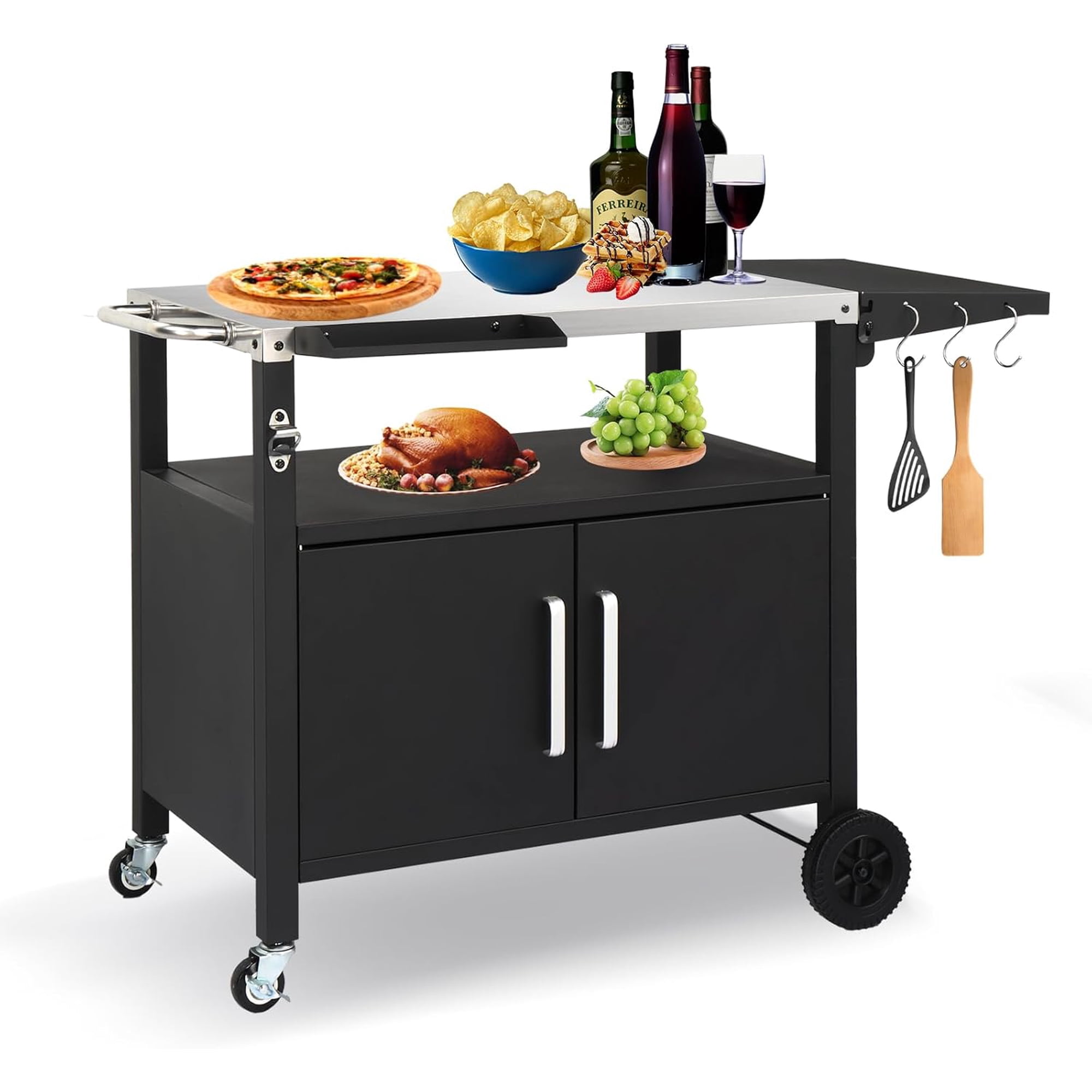 Outdoor Grill Cart with Storage, Bar Patio Kitchen Island Outdoor Grill Table, BBQ Cart Movable Pizza Oven Table Stand with Wheels, Stainless Steel Top, Side Handle & Storage Cabinet, Foldable