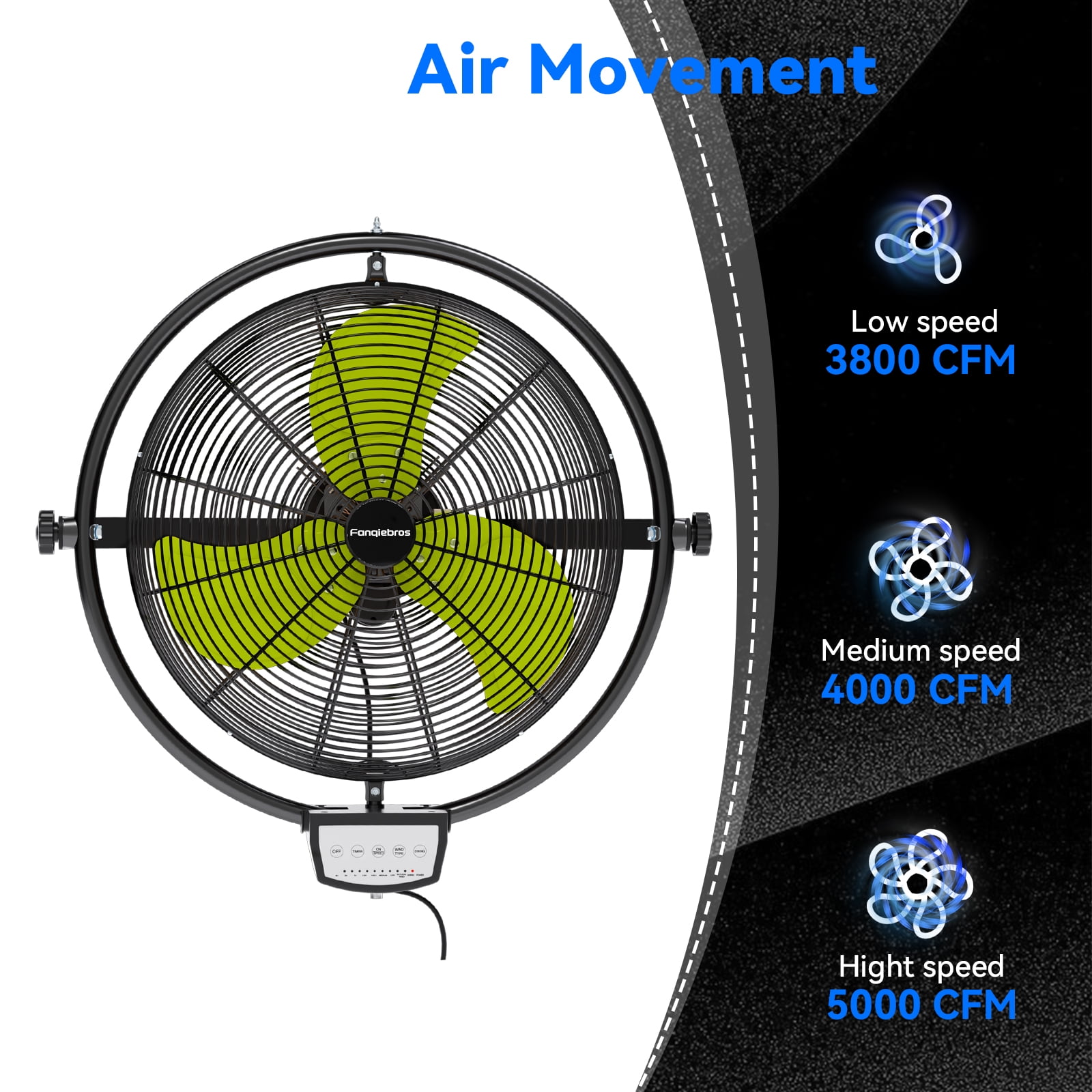 20 IN 5000 CFM Remote Control Wall Mount Fan, 3 Speed Industrial Wall Fan with Timer, Oscillation & Tilting, Air Circulator for Garage, Commercial, Greenhouse, Warehouse & Gazebo Use, UL Listed
