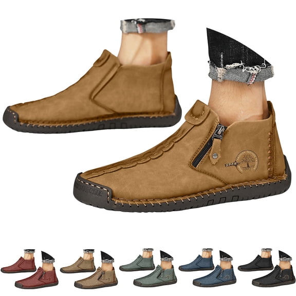 Dakaela Mens Casual Leather Shoes Chukka Ankle Boots Lightweight Slip on Loafers Mid Top Walking Driving Hiking Work Shoes Black 7