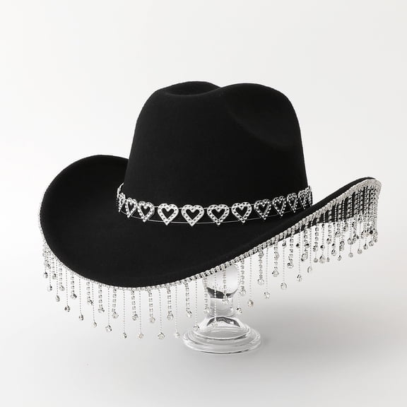 HNMKIU Western Cowboy Hat Featuring Decorative Heart Applique And Stylish Fringe Detail For Festive Events And Country Dance Black,One Size
