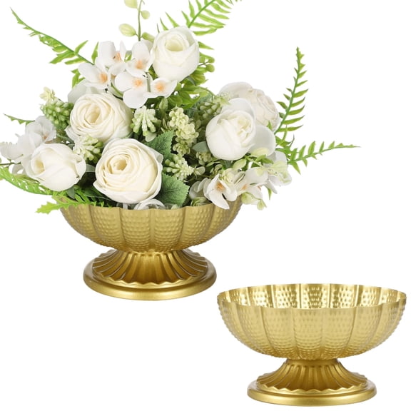 2 Pcs Gold Vases for Centerpieces, 7.5 in Metal Flower Vases with Vintage Hammered Texture, Elegant Compote Bowls for Wedding Reception, Party Table Decor & Home Dining Table Floral Arrangement