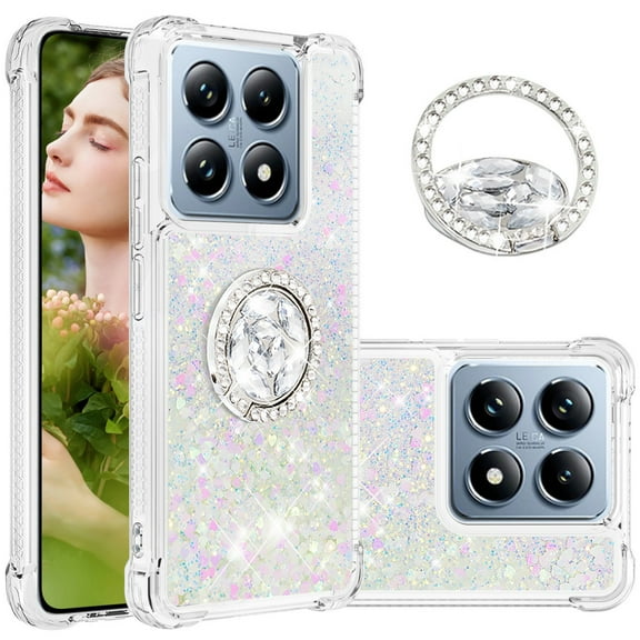 CCSmall for Xiaomi 14T Pro Case Clear Glitter Bling for Women, Flowing Liquid Quicksand Sparkly Cover with Diamond Ring Holder Case for Xiaomi 14T / 14T Pro 5G LSZ Colorful