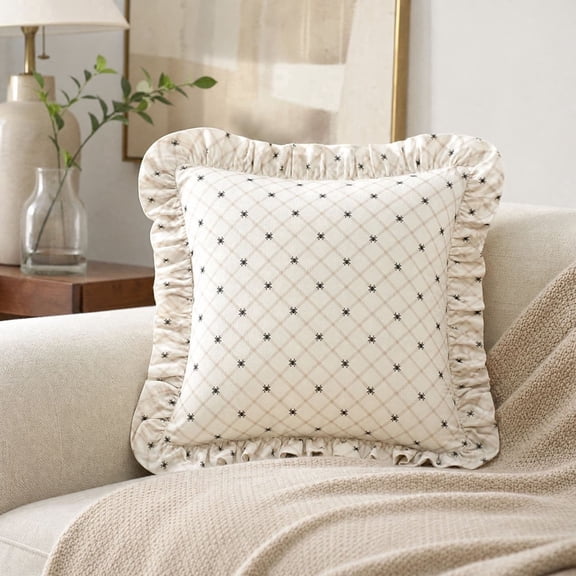 PLPPYFS Halloween Spider Web Throw Pillow, Cream White Square Decorative Cushion with Small Spider Grid Pattern, Vintage Pillow Insert Included for Sofa Bedroom Home Holiday Decor